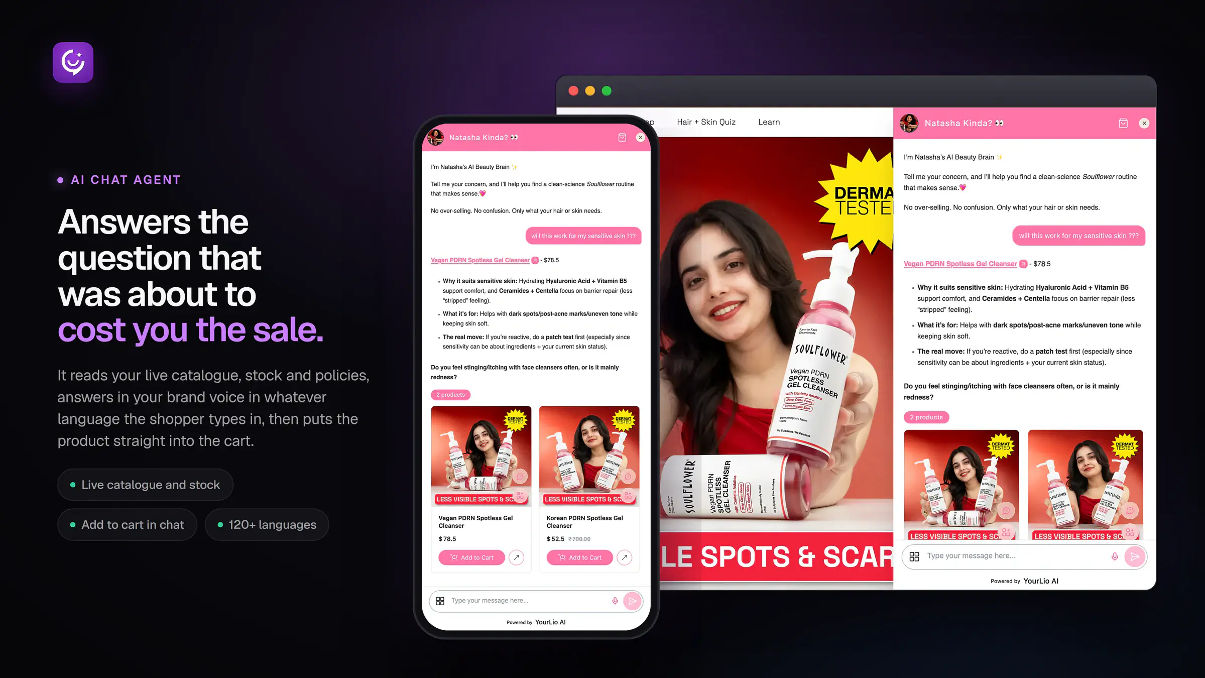 YourLio AI chat agent on the Soulflower storefront and on a phone, answering a sensitive skin question and showing two cleansers with add to cart buttons