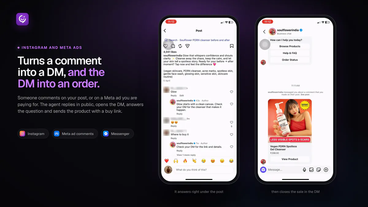 Two phone screens where the YourLio AI agent replies to a comment under a Soulflower Instagram post, then sends the product with a View Product button in the DM
