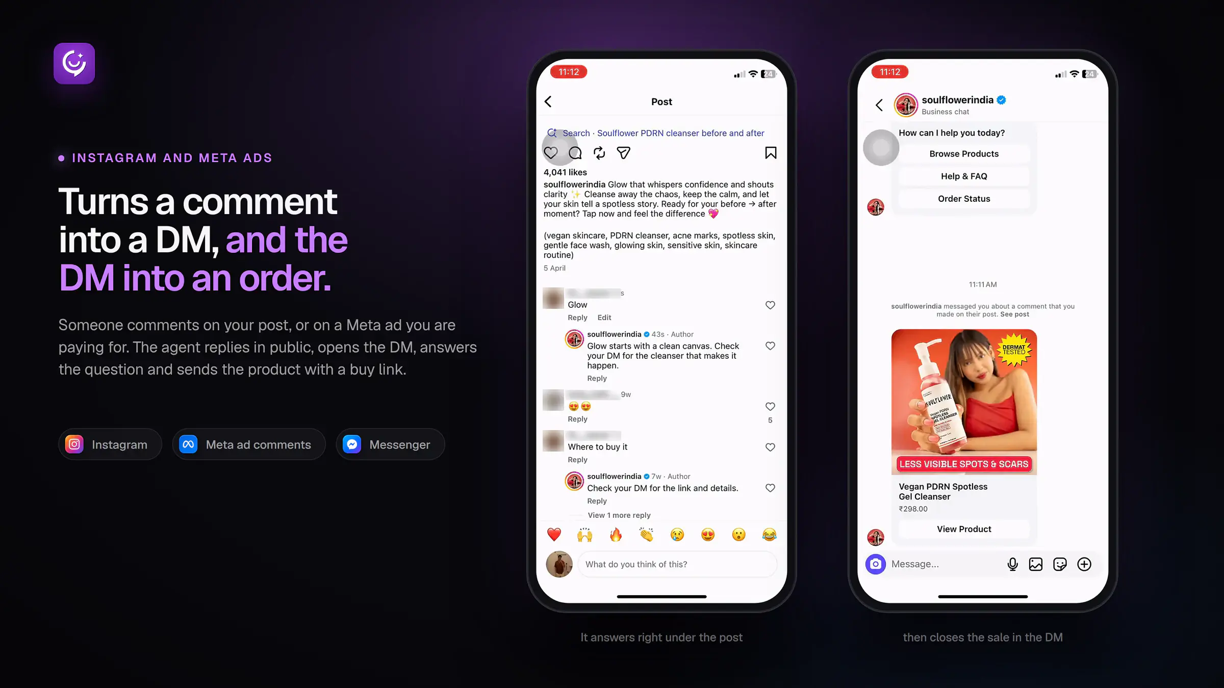 Two phone screens where the YourLio AI agent replies to a comment under a Soulflower Instagram post, then sends the product with a View Product button in the DM