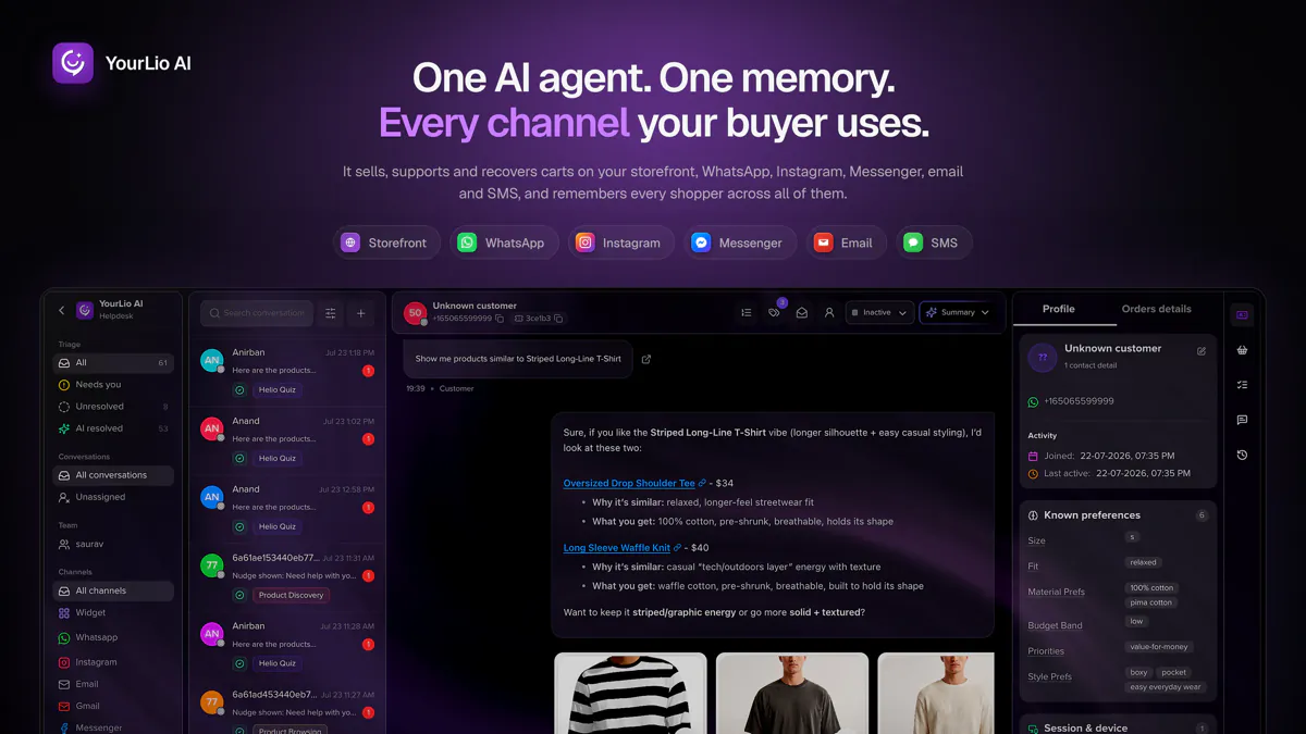 YourLio AI shared inbox with a conversation list, a chat recommending two T-shirts from the live catalog, and the shopper profile with known preferences