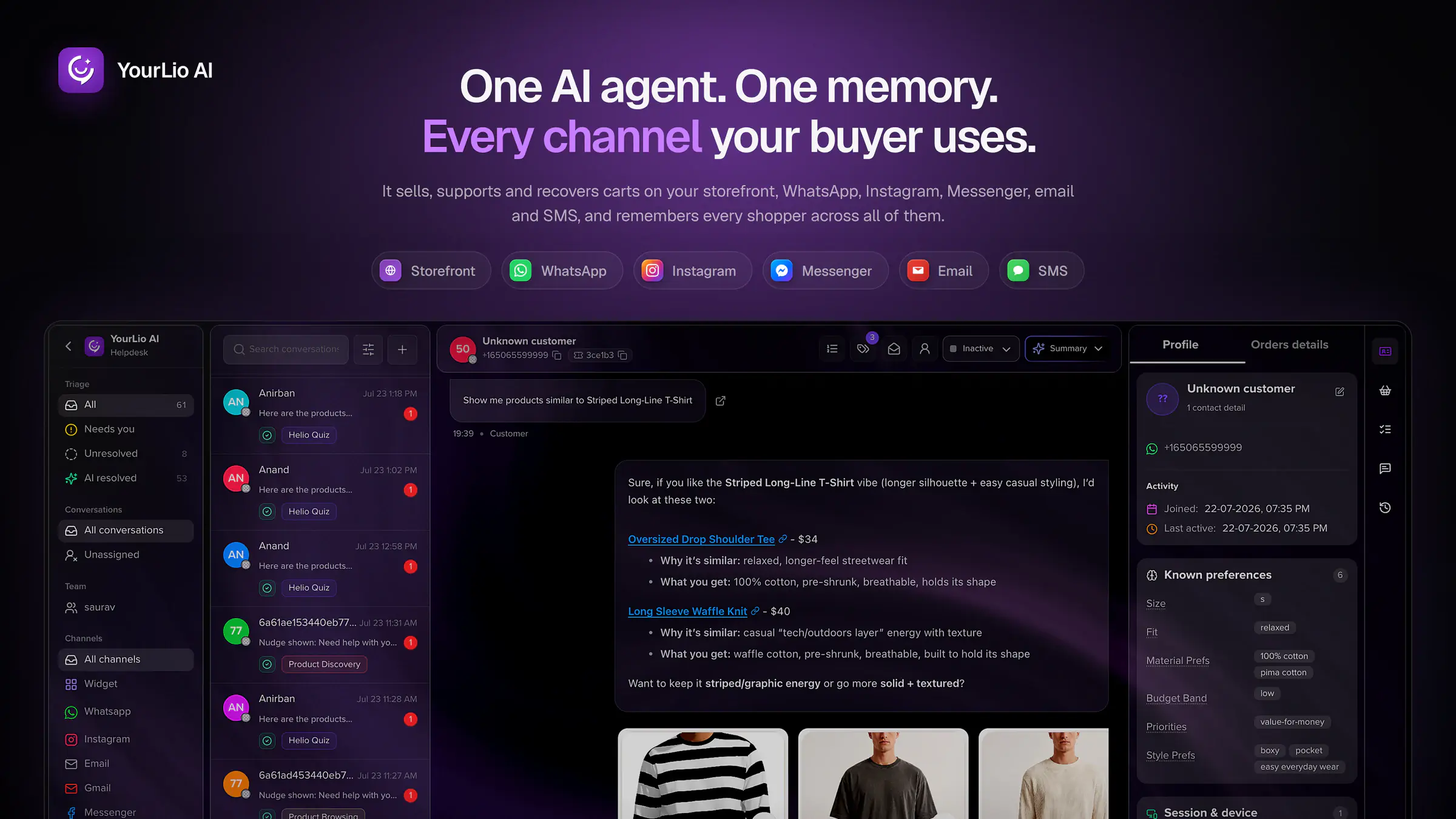 YourLio AI shared inbox with a conversation list, a chat recommending two T-shirts from the live catalog, and the shopper profile with known preferences