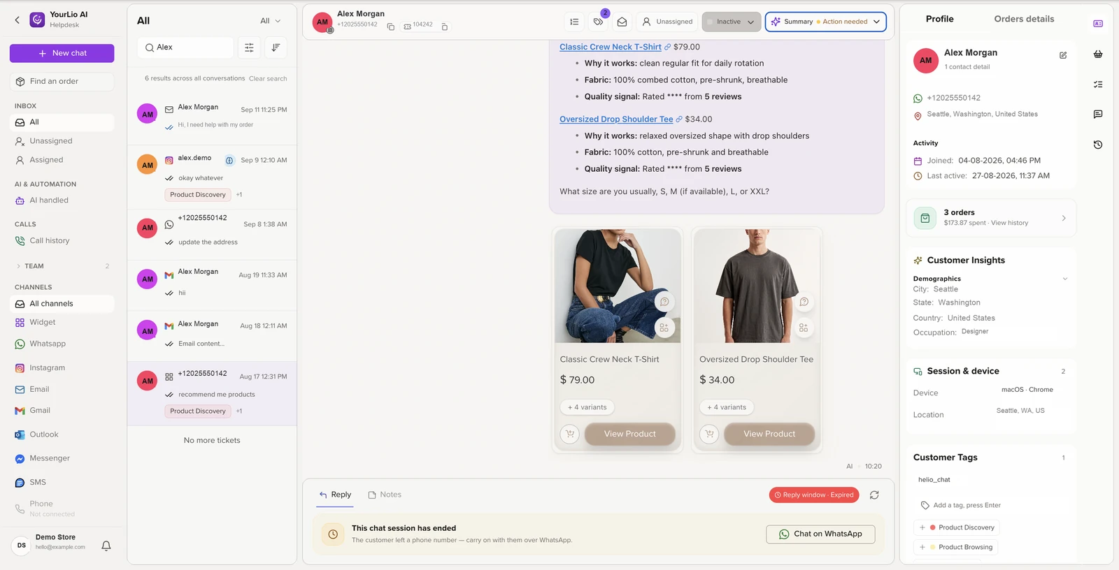 YourLio shared inbox and customer CRM for Shopify, showing one customer’s store chat, email, WhatsApp, and Instagram conversations in a single history, with AI product recommendations and the customer profile (light mode).